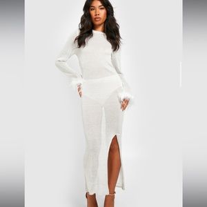 Boohoo sheer glitter feather trim knitted dress